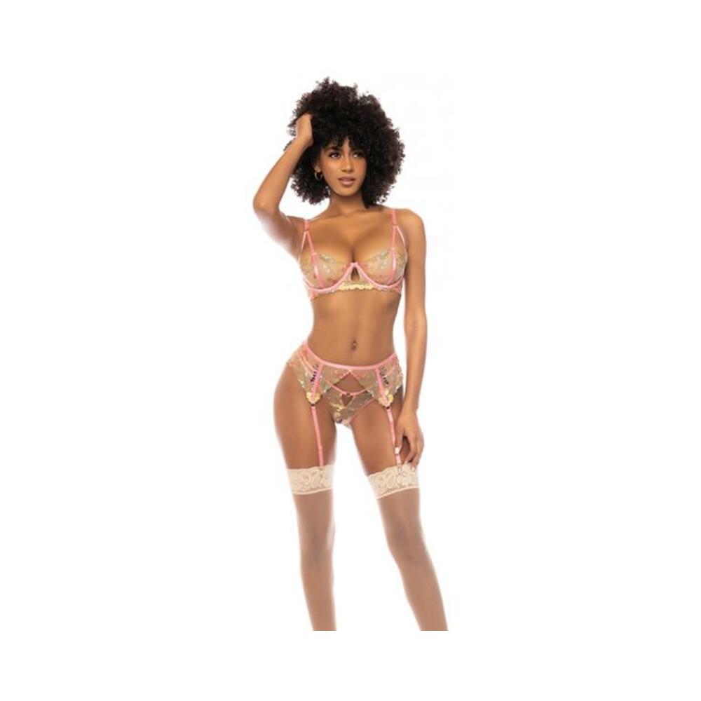 Floral Embroidered Underwire Bralette W/garter & Thong Panty Pink Large