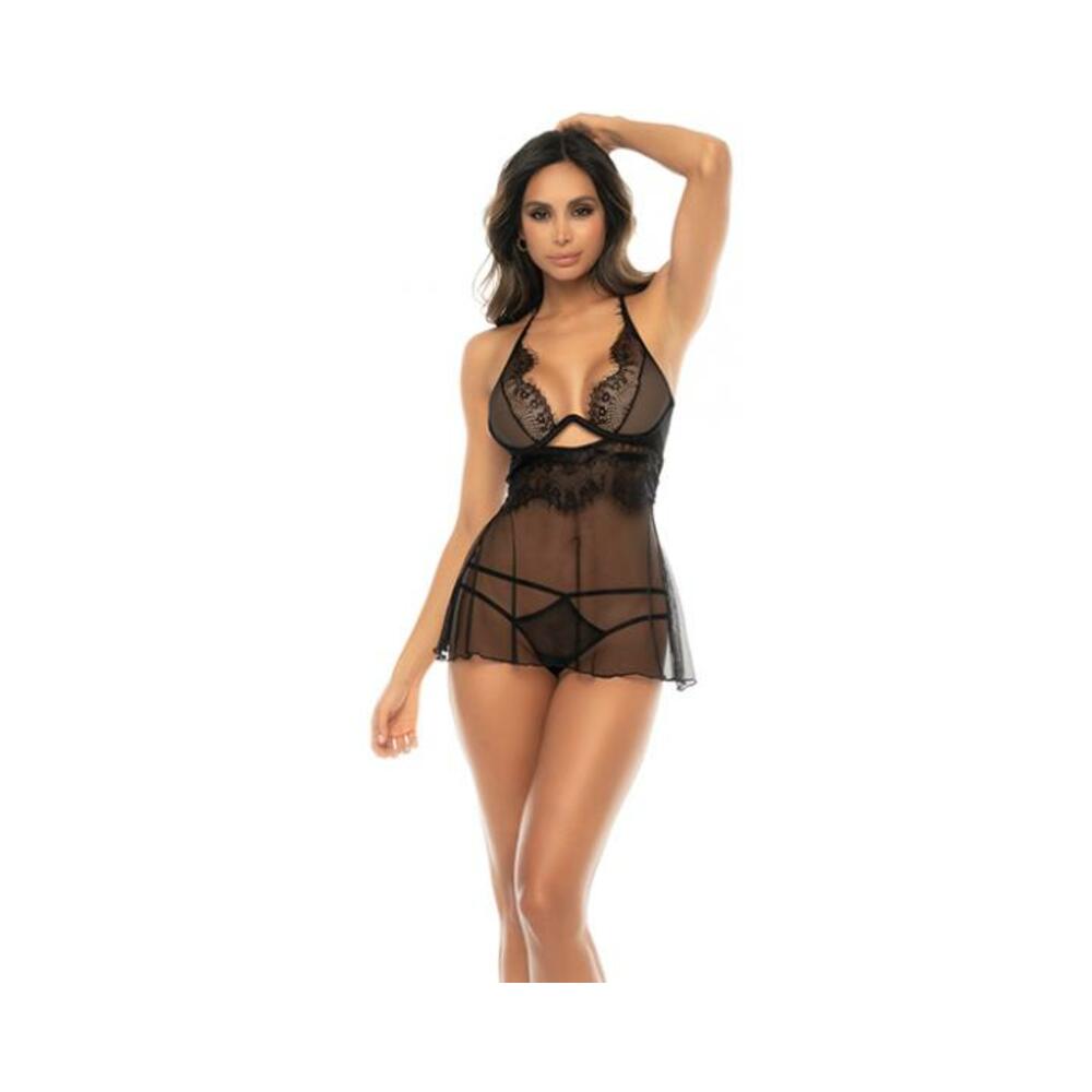 Lace Long Line Underwire Bra W/removable Skirt & Thong Panty Black S/m