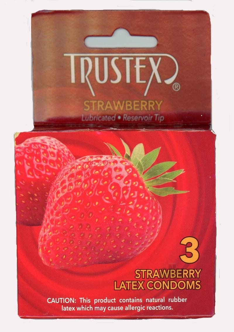 Trustex Strawberry flavored condoms packaging on a white background
