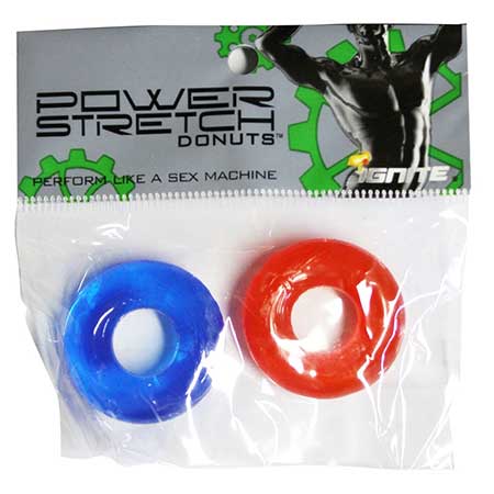 Two blue and red donut-shaped objects in a clear package with 'Power Stretch' branding.