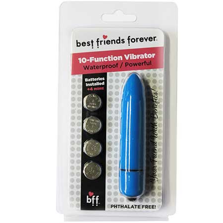 Blue vibrator in packaging with 'best friends forever' branding on a white background