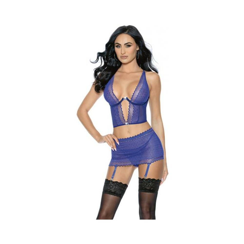 =lace & Mesh Long Line Bra, Garter Skirt & G-string Midnight Blue Medium