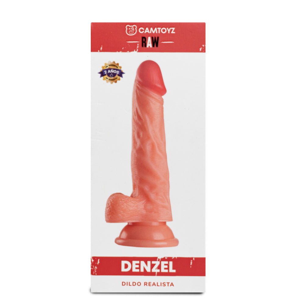 Package of a realistic dildo with 'Denzel' branding on a white background
