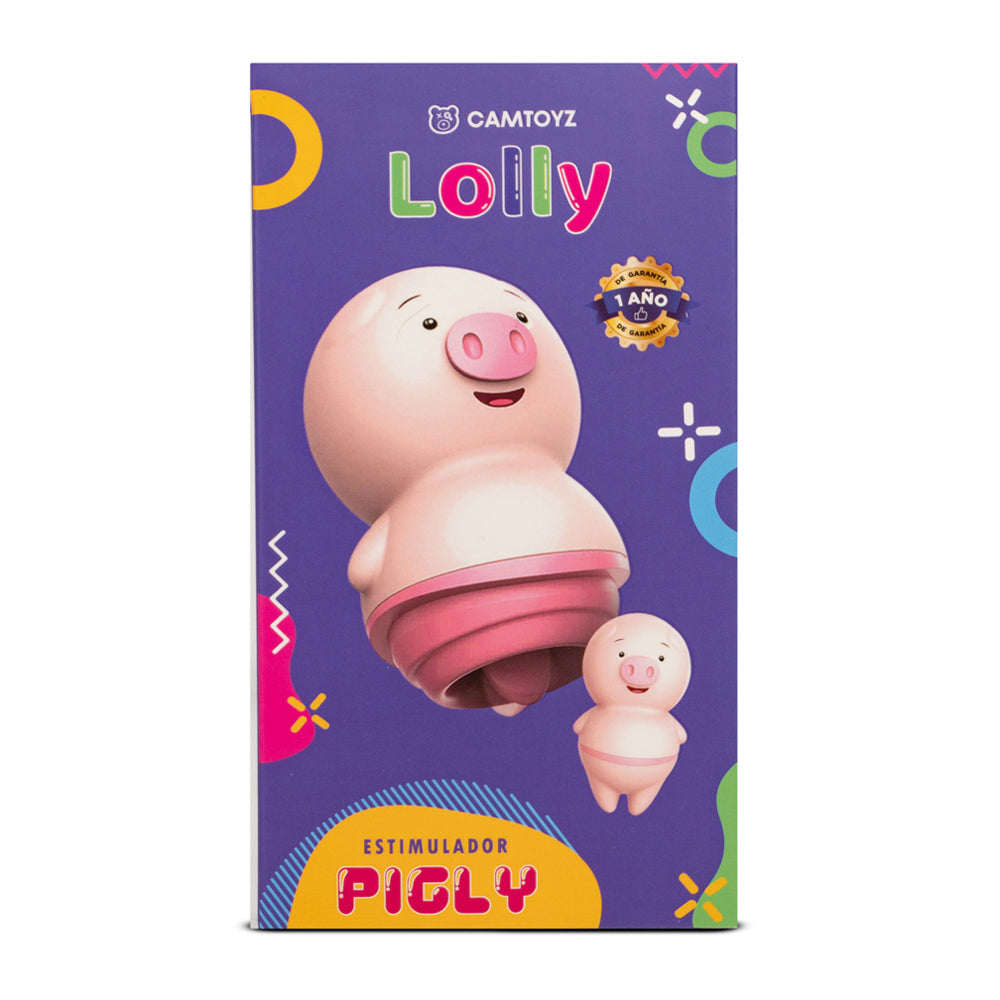 Toy packaging with a pink pig-like figure on a purple background