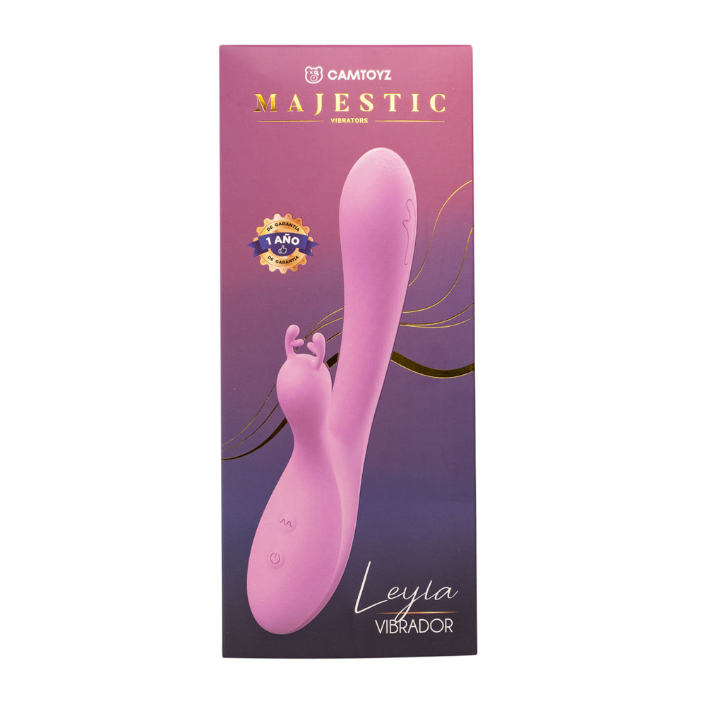 Pink vibrator with Camtoyz Majestic branding on a purple box