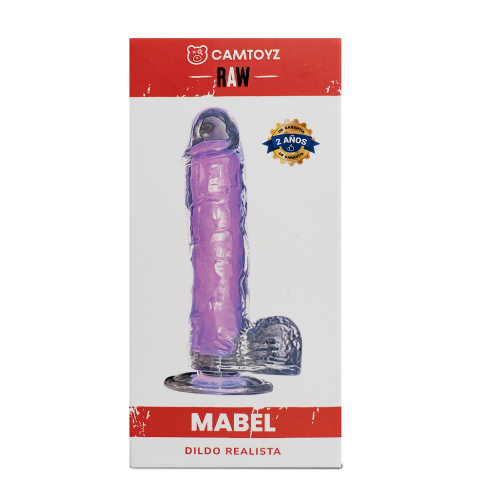 Product packaging of a purple and clear dildo labeled 'Mabel' by Camtoyz on a white background.