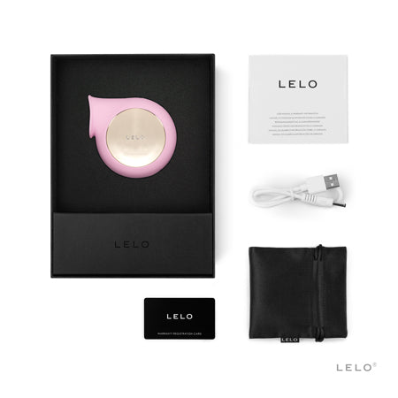 LELO product packaging with black box, pink device, USB cable, and black pouch on a white background.