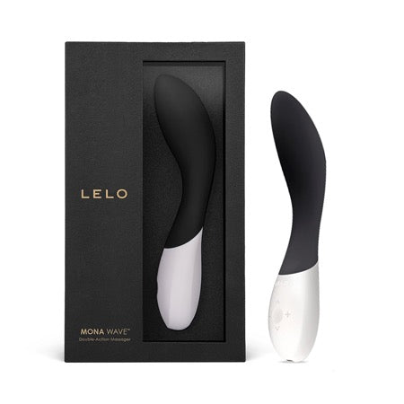 Black and white Mona Wave product by Lelo in front of its packaging on a white background