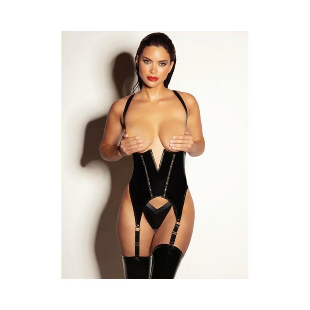 Fetish Open Cup Vinyl V-wire Merrywidow W/g-string - Black S/m