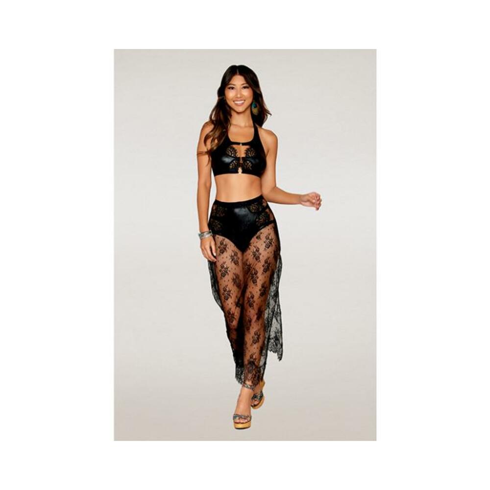 Stretch Faux Leather And Eyelash Lace Bralette W/high-waisted Panty - Black Xl