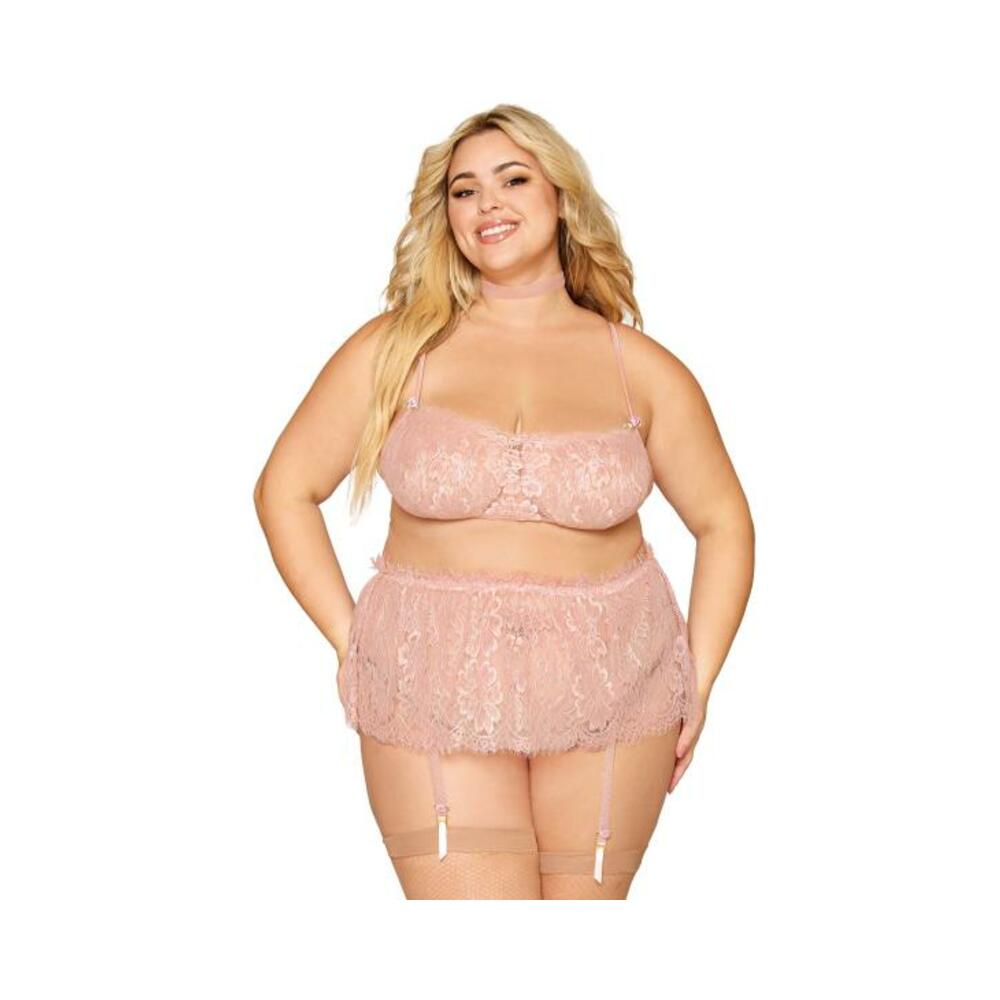Eyelash Lace Bralette Garter Skirt Set Rose Quartz Q/s