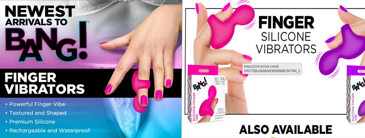 Advertisement for 'Bang!' finger vibrators with packaging and product display.