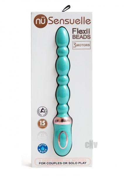A Sensuelle Flexii Beads Electric Blue vibrator with a looped handle is shown in packaging, offering 15 vibration speeds, three powerful motors, and a waterproof design for solo or couples play.