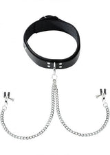 Black Leather Collar With Broad Tip Nipple Clamps