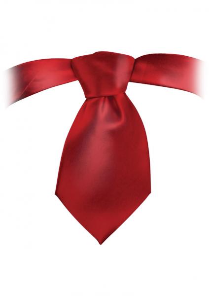 The Ouch Tie Me Up Bondage Tie in red satin, displayed in a wide knot with spread ends on a white background—perfect for role play or adding a stylish bondage-inspired touch.