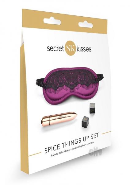 The Sk Spice Things Up Set is a playful kit that includes a purple lace blindfold, a small gold bullet vibrator, and two black dice with fun words to spark excitement during foreplay.