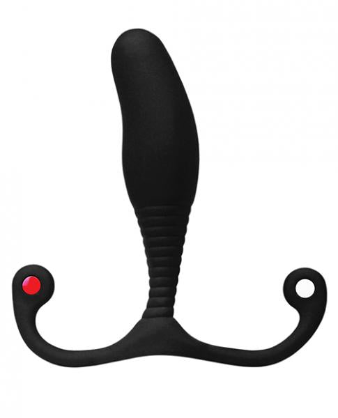 The Aneros Trident Series Prostate Stimulator MGX Syn Trident - Black is a silicone massager with a curved shaft and flexible double-handle base, designed for easy grip and male G-spot stimulation for enhanced pleasure.