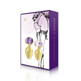 A box featuring the Rianne S Booty Plug Set 2X Metal Gold, a medical-grade gold butt plug set with purple gemstones, and packaging that displays an illustrated drawing of a lingerie-clad woman’s lower body.