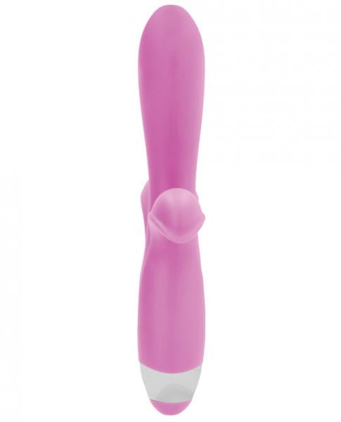 The Shots Simplicity Sinclaire is a pink silicone G-spot and clitoral vibrator with a curved design, small external stimulator, 10 speeds, USB rechargeable, shown on a white background.