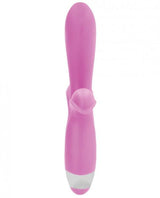 The Shots Simplicity Sinclaire is a pink silicone G-spot and clitoral vibrator with a curved design, small external stimulator, 10 speeds, USB rechargeable, shown on a white background.