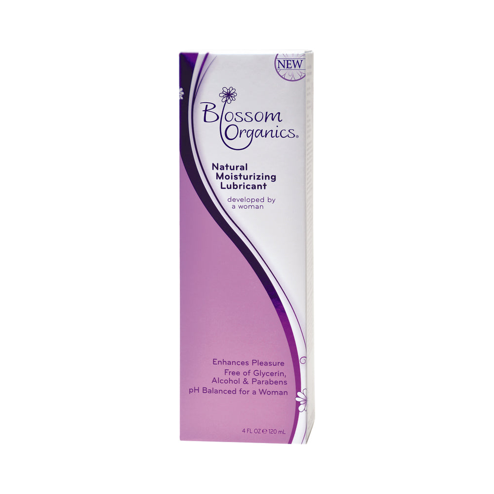 Blossom Organics Natural Lubricant 4oz is an aloe-based, pH-balanced lubricant for women, free of glycerin, alcohol, and parabens, developed by a woman and packaged in purple and white.