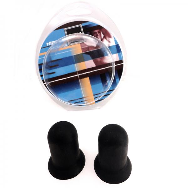 Two M2M Nipple Suckers Silicone Medium Black are displayed in front of their clear packaging, which has a blue, yellow, and black design with partial text and a blurry person image.