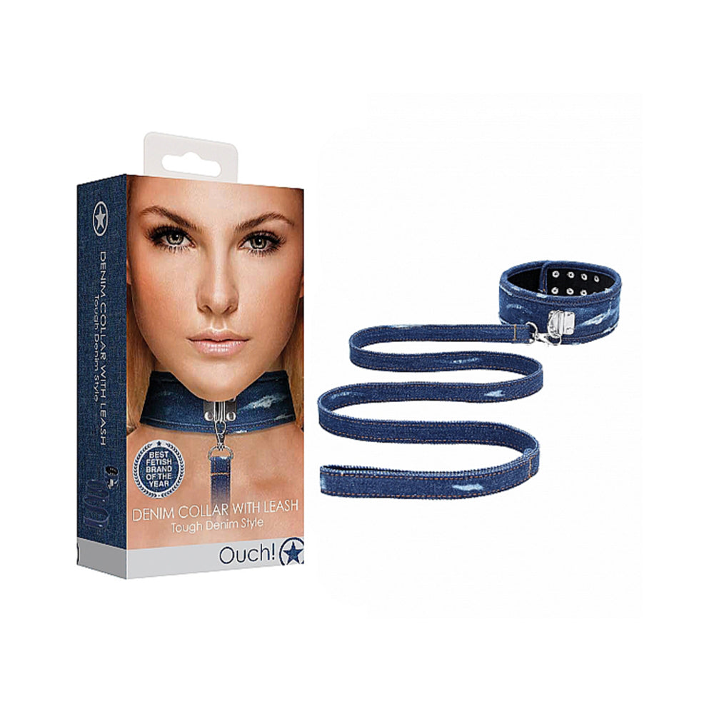 Ouch! Denim Collar - With Leash - Roughened Denim Style - Blue