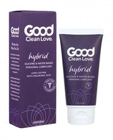 A tube and box of Good Clean Love Hybrid Lube 50ml (net) in purple packaging with white text. This long-lasting personal lubricant is silicone- and water-based, and includes hyaluronic acid for nourishment.