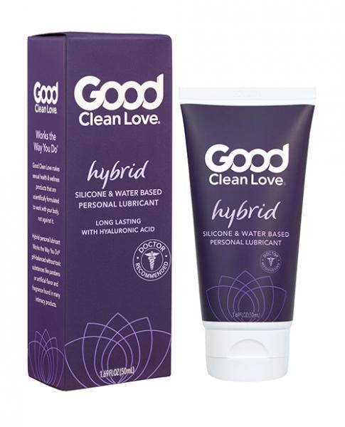 A tube and box of Good Clean Love Hybrid Lube 50ml (net) in purple packaging with white text. This long-lasting personal lubricant is silicone- and water-based, and includes hyaluronic acid for nourishment.