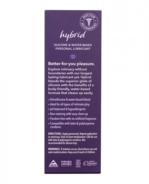 A purple box labeled Good Clean Love Hybrid Lube 50ml blends silicone and water-based lubricants. White text highlights doctor-recommended, hypoallergenic, long-lasting, pH-balanced, and cruelty-free. Directions and warnings are at the bottom.