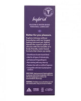 A purple box labeled Good Clean Love Hybrid Lube 50ml blends silicone and water-based lubricants. White text highlights doctor-recommended, hypoallergenic, long-lasting, pH-balanced, and cruelty-free. Directions and warnings are at the bottom.
