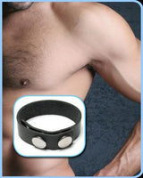 A shirtless man is shown from shoulders to waist. The inset displays a close-up of the 3 Snap Leather C Ring, a black leather strap with two silver snap buttons.