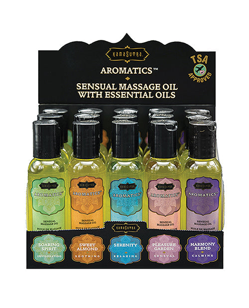 Display of Kama Sutra Aromatics sensual massage oil with essential oils on a white background