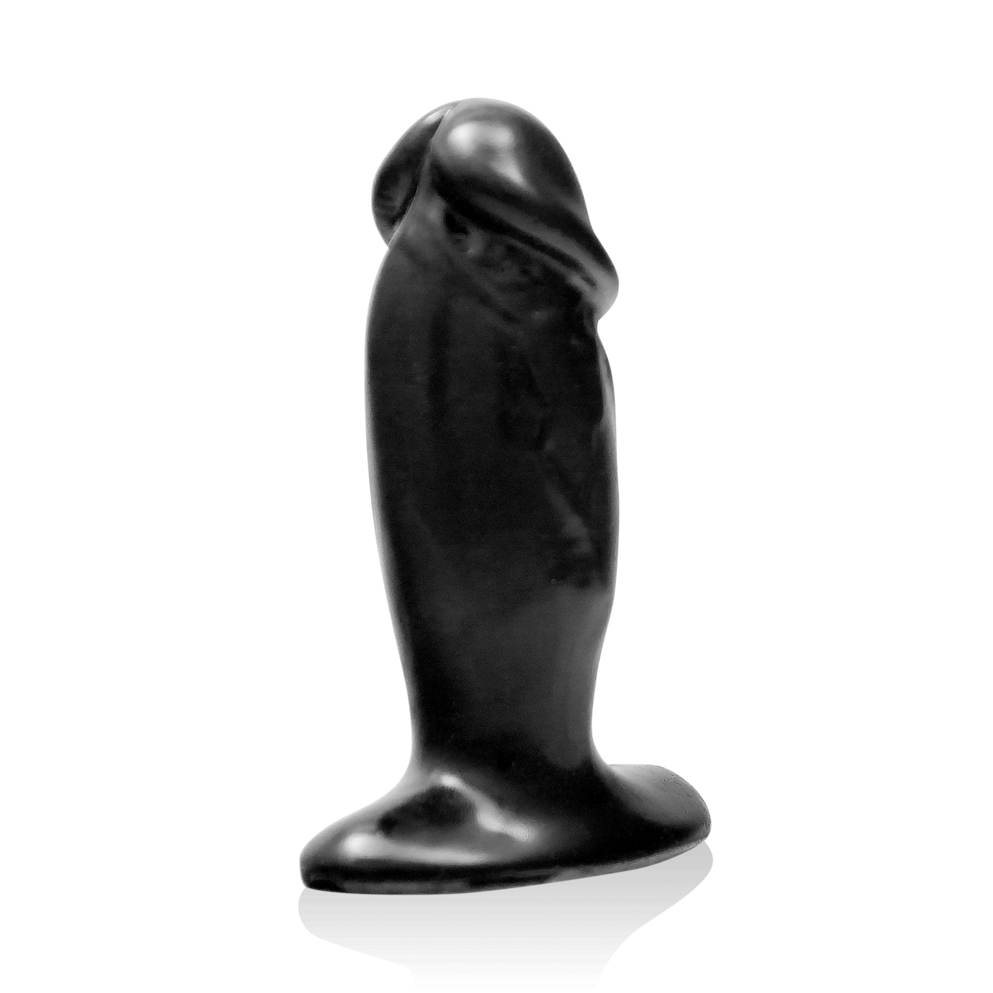 Black silicone butt plug on a white background.