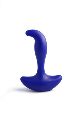 The Pandora is a small, blue prostate massager crafted from medical-grade silicone with a curved, ergonomic design and a wide, rounded base, shown standing upright against a white background.