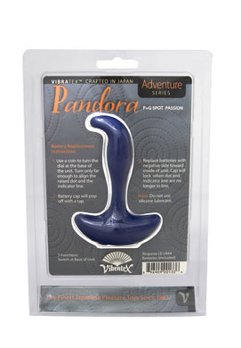 Pandora, a dark blue curved vibrator from Vibratex’s Adventure Series, is crafted from medical grade silicone for G-spot stimulation. Its packaging features product highlights and user instructions.