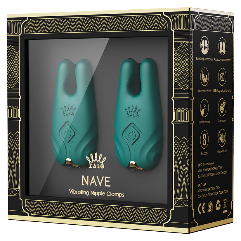 Teal Zalo Nave vibrating nipple clamps in packaging with brand logo and product name.