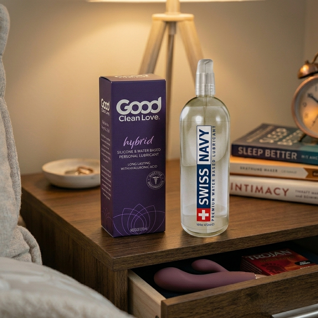 Good Clean Love packaging and Swiss Navy lubricant on a nightstand.